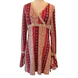 Y2k vintage paisley print lace detail babydoll flare sleeve tunic